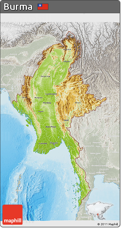 Physical 3D Map of Burma, lighten, semi-desaturated, land only