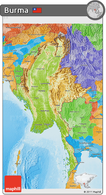 Physical 3D Map of Burma, political outside, shaded relief sea