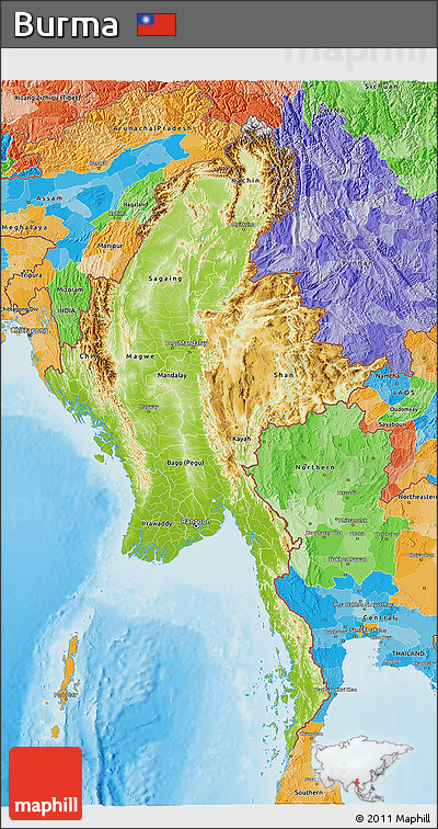 Physical 3D Map of Burma, political outside, shaded relief sea