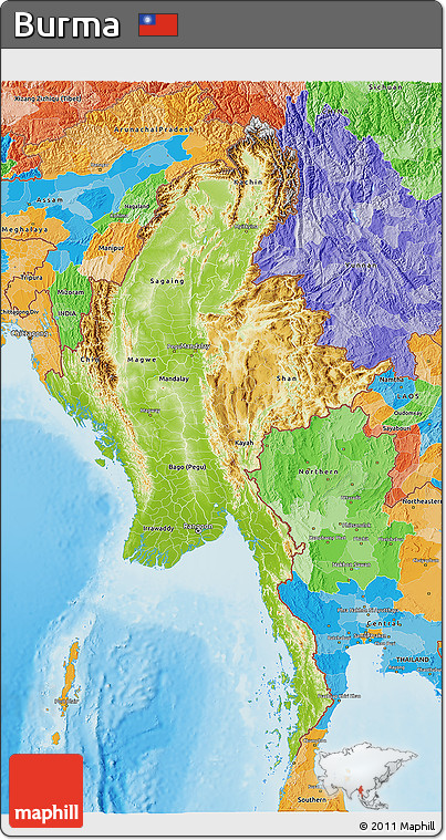 Physical 3D Map of Burma, political outside, shaded relief sea