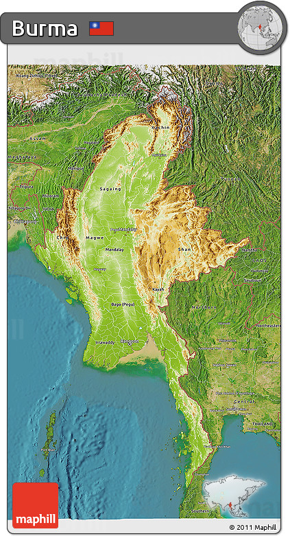 Physical 3D Map of Burma, satellite outside