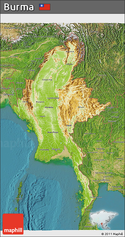 Physical 3D Map of Burma, satellite outside