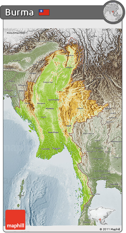 Physical 3D Map of Burma, semi-desaturated