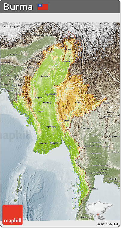 Physical 3D Map of Burma, semi-desaturated
