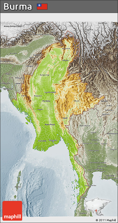 Physical 3D Map of Burma, semi-desaturated