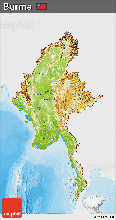 Physical 3D Map of Burma, single color outside, bathymetry sea, shaded relief sea
