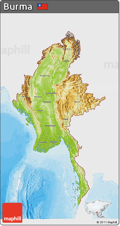Physical 3D Map of Burma, single color outside, bathymetry sea, shaded relief sea
