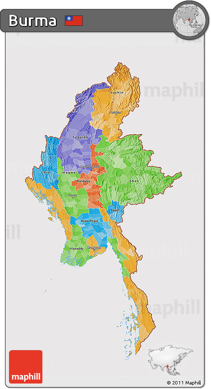Political 3D Map of Burma, cropped outside