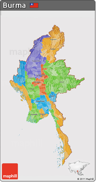Political 3D Map of Burma, cropped outside