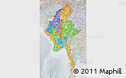 Political 3D Map of Burma, lighten, semi-desaturated
