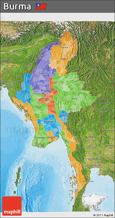 Political 3D Map of Burma, satellite outside, bathymetry sea