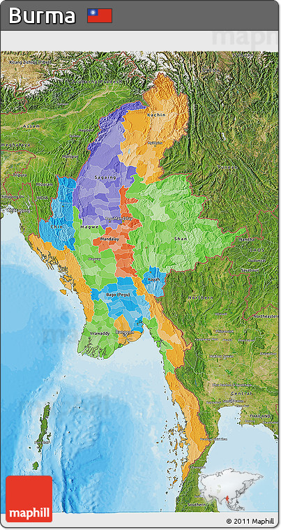 Political 3D Map of Burma, satellite outside, bathymetry sea
