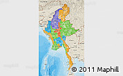 Political 3D Map of Burma, shaded relief outside, bathymetry sea