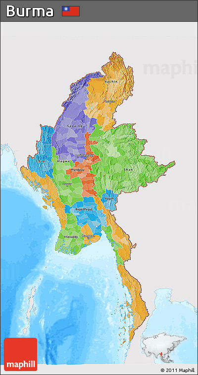 Political 3D Map of Burma, single color outside, bathymetry sea