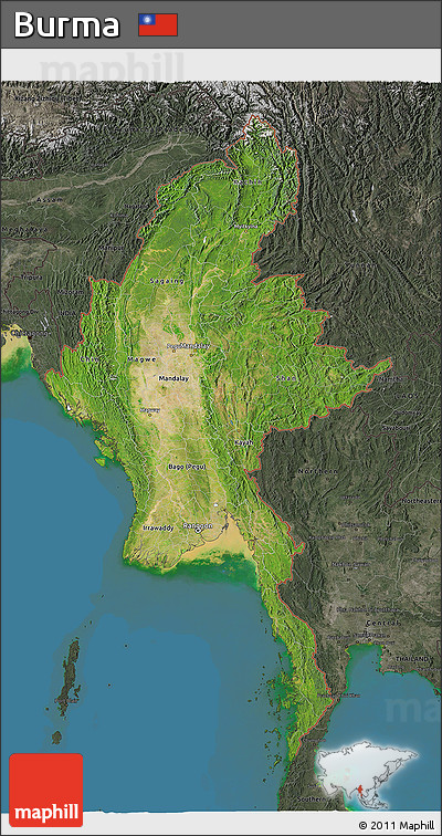 Satellite 3D Map of Burma, darken, semi-desaturated, land only