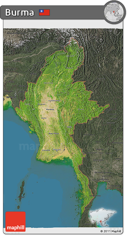Satellite 3D Map of Burma, darken, semi-desaturated, land only
