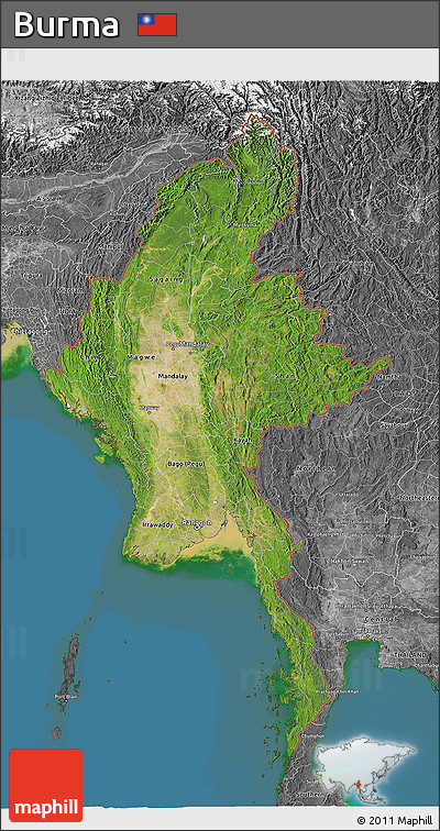 Satellite 3D Map of Burma, desaturated, land only