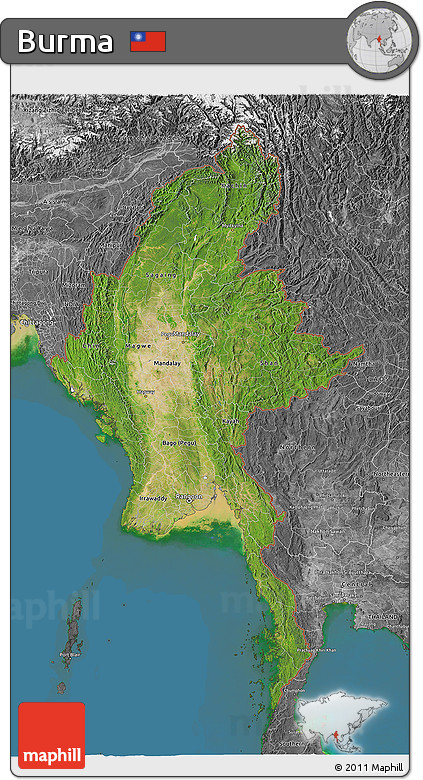 Satellite 3D Map of Burma, desaturated, land only