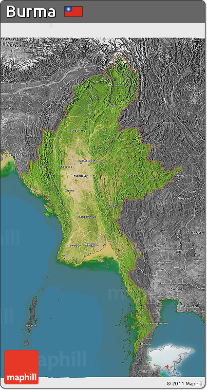 Satellite 3D Map of Burma, desaturated, land only
