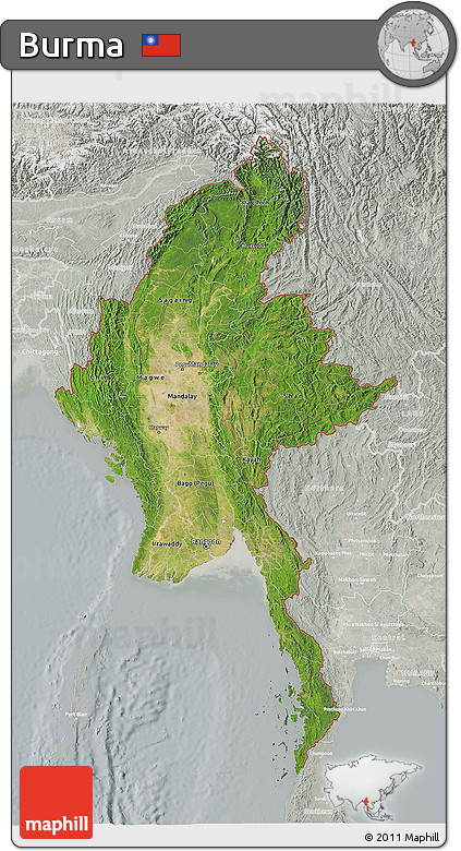 Satellite 3D Map of Burma, lighten, semi-desaturated