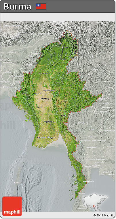 Satellite 3D Map of Burma, lighten, semi-desaturated