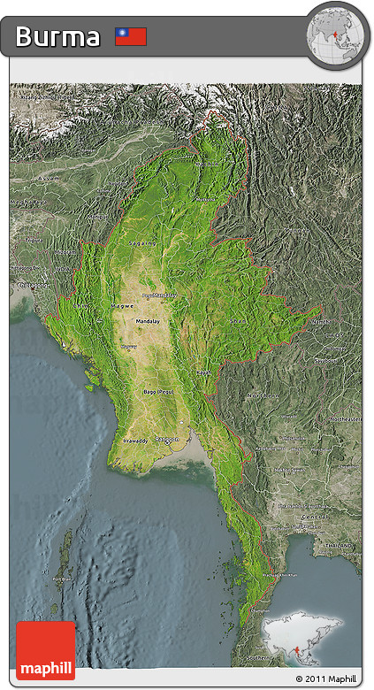 Satellite 3D Map of Burma, semi-desaturated