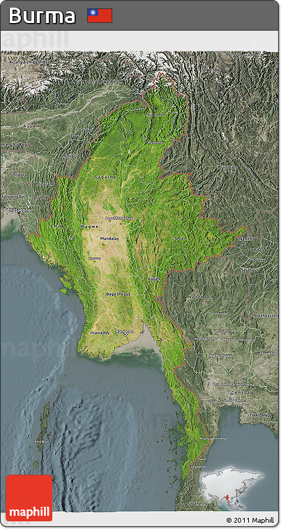 Satellite 3D Map of Burma, semi-desaturated