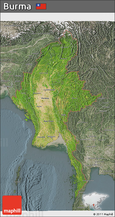 Satellite 3D Map of Burma, semi-desaturated