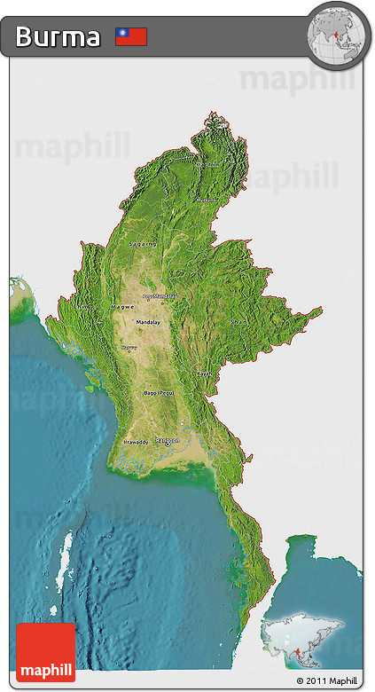 Satellite 3D Map of Burma, single color outside