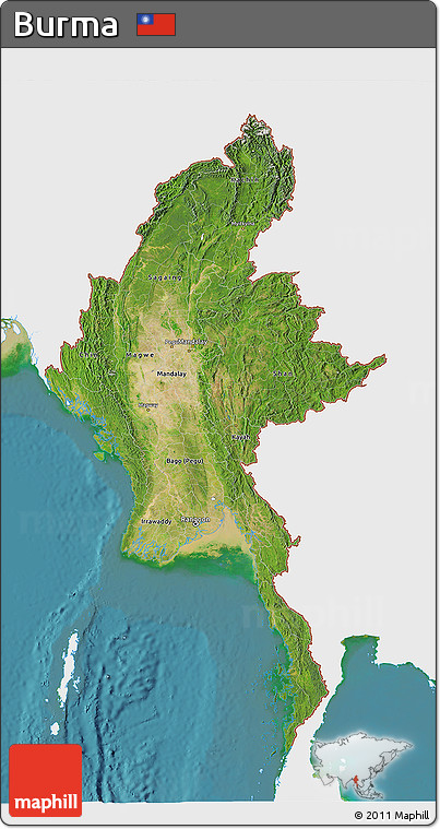 Satellite 3D Map of Burma, single color outside