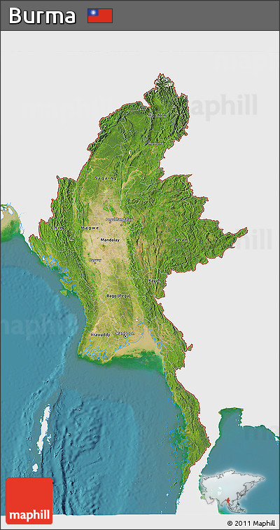 Satellite 3D Map of Burma, single color outside