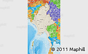 Shaded Relief 3D Map of Burma, political outside, shaded relief sea