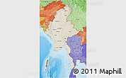 Shaded Relief 3D Map of Burma, political shades outside, shaded relief sea