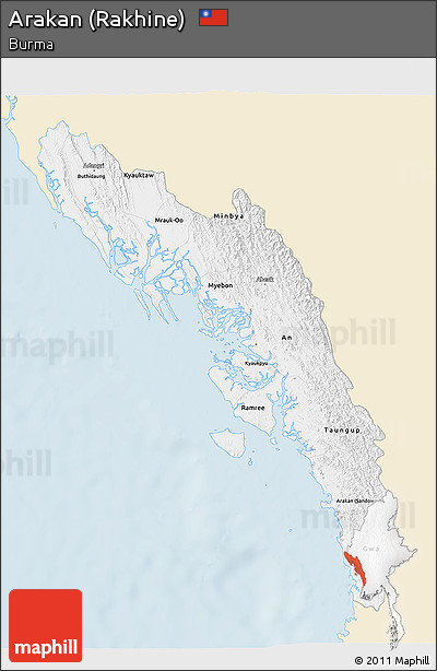 Classic Style 3D Map of Arakan (Rakhine), single color outside