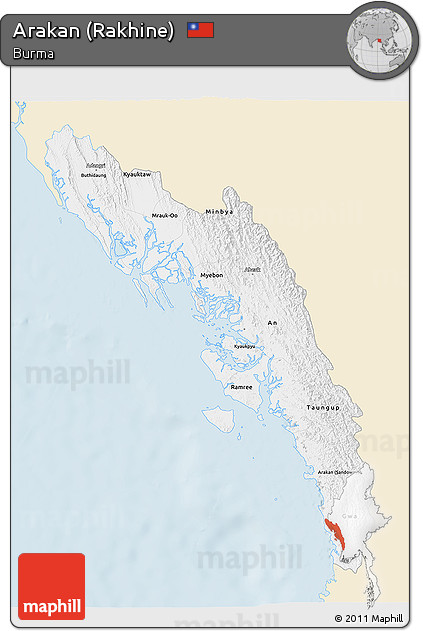 Classic Style 3D Map of Arakan (Rakhine), single color outside