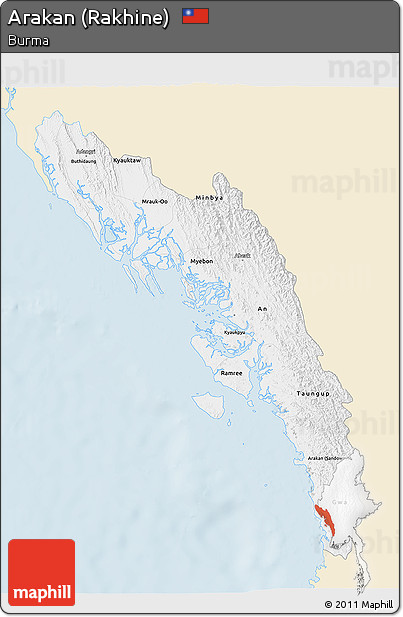 Classic Style 3D Map of Arakan (Rakhine), single color outside