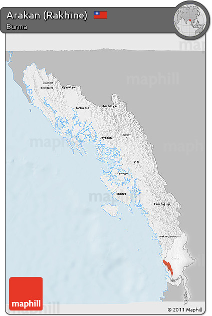 Gray 3D Map of Arakan (Rakhine), single color outside