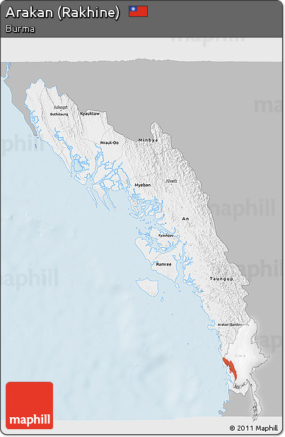 Gray 3D Map of Arakan (Rakhine), single color outside