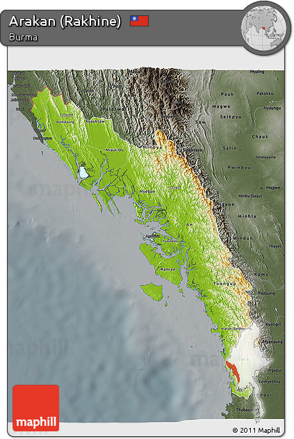 Physical 3D Map of Arakan (Rakhine), darken, semi-desaturated