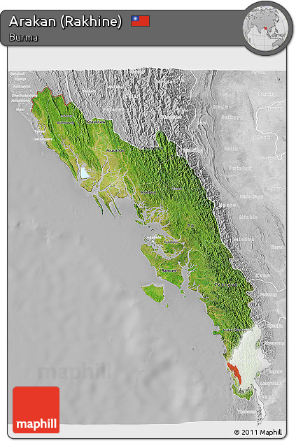Satellite 3D Map of Arakan (Rakhine), lighten, desaturated
