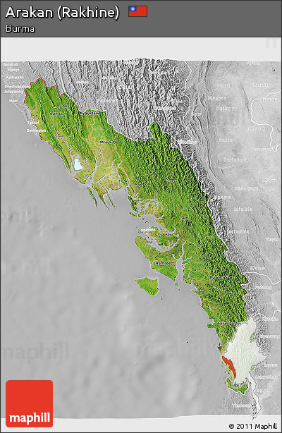 Satellite 3D Map of Arakan (Rakhine), lighten, desaturated