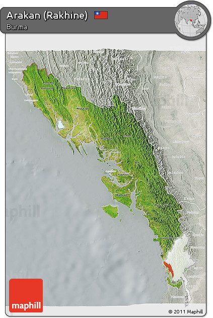 Satellite 3D Map of Arakan (Rakhine), lighten, semi-desaturated