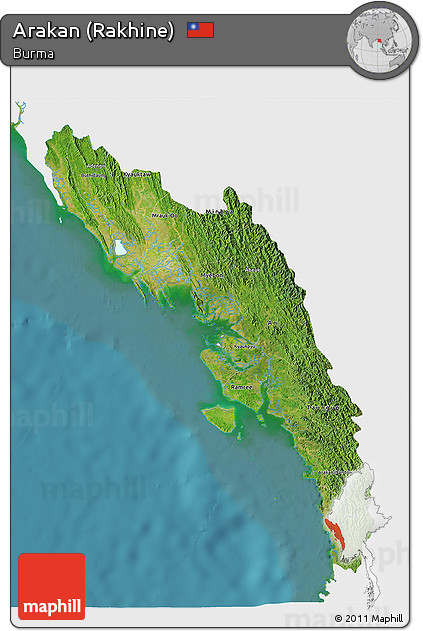Satellite 3D Map of Arakan (Rakhine), single color outside