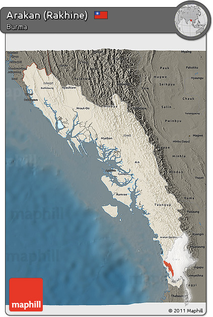 Shaded Relief 3D Map of Arakan (Rakhine), darken