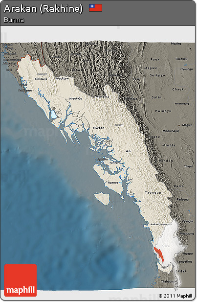 Shaded Relief 3D Map of Arakan (Rakhine), darken