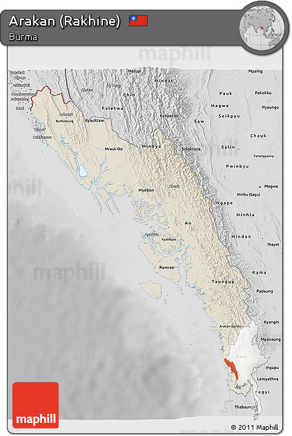 Shaded Relief 3D Map of Arakan (Rakhine), desaturated