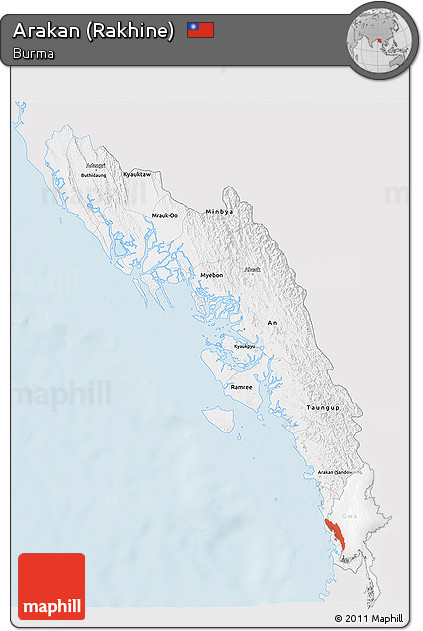 Silver Style 3D Map of Arakan (Rakhine), single color outside