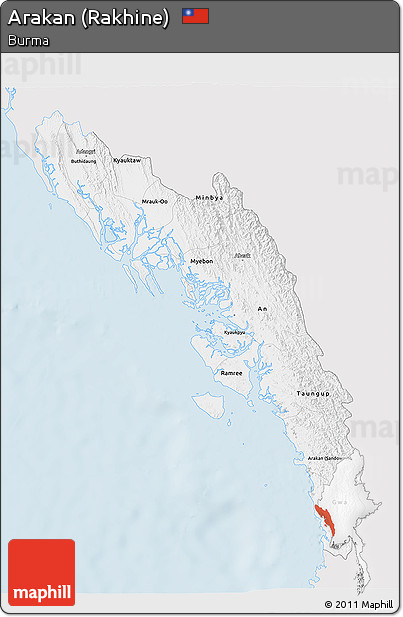 Silver Style 3D Map of Arakan (Rakhine), single color outside