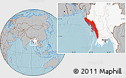 Gray Location Map of Arakan (Rakhine), highlighted country, hill shading