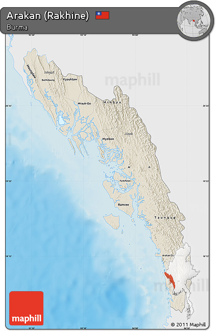 Shaded Relief Map of Arakan (Rakhine), single color outside